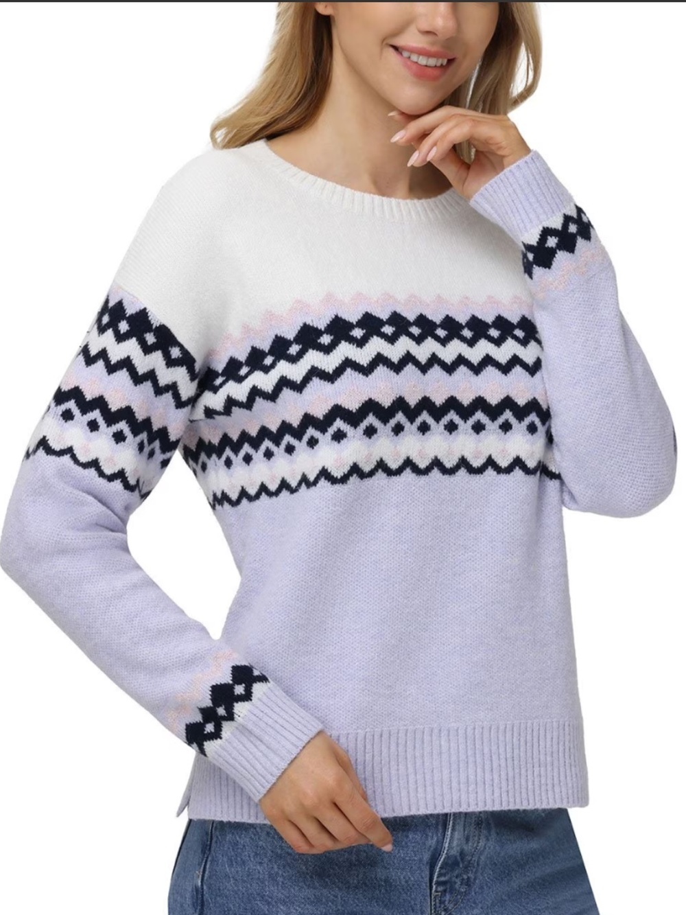 525 America Lavender and White Fair Isle Pullover Crewneck Sweater Size Large